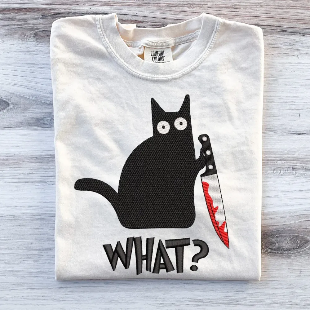 Embroidered Black Cat Murder With Knife - Spooky Halloween - Embroidery Unisex T-Shirt - 2