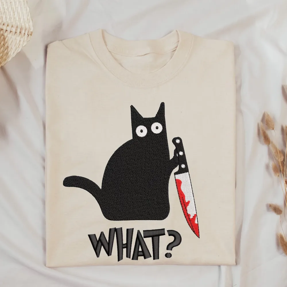Embroidered Black Cat Murder With Knife - Spooky Halloween - Embroidery Unisex T-Shirt - 3