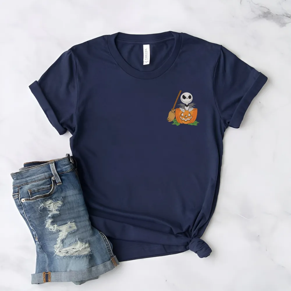 Embroidered Jack O Lantern Pumpkin Pocket - Spooky Halloween - Embroidery Unisex T-Shirt - 7