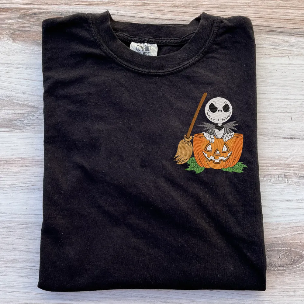 Embroidered Jack O Lantern Pumpkin Pocket - Spooky Halloween - Embroidery Unisex T-Shirt - 3